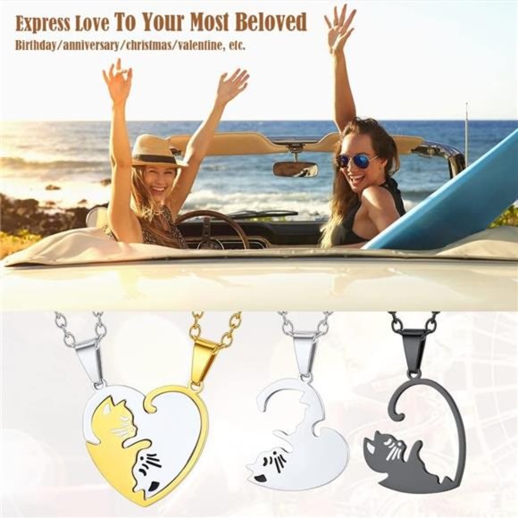 Puzzle Matching Necklace, Stainless Steel/18K Gold Plated Heart Cat/Yin Yang - Picture 6 of 7